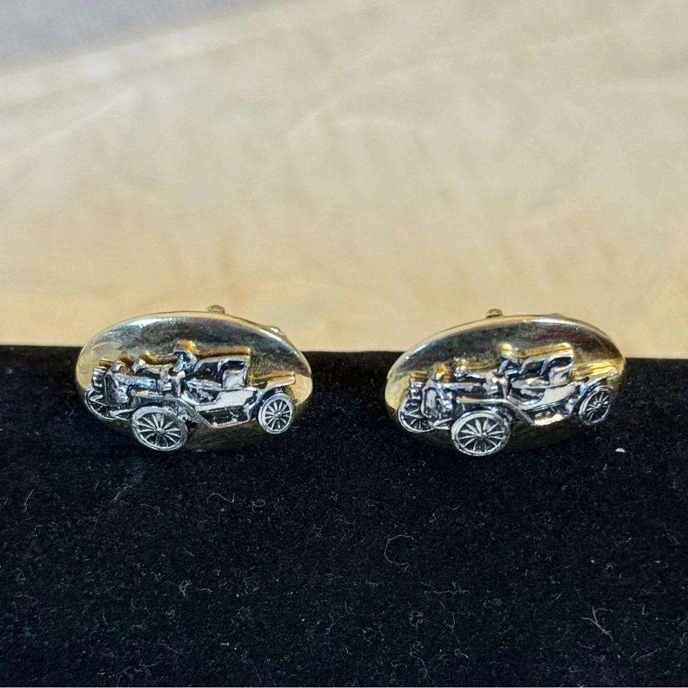 Vintage Style Old Timer‎ Car Oval Gold and Silver Tone Cufflinks Torpedo Swivel